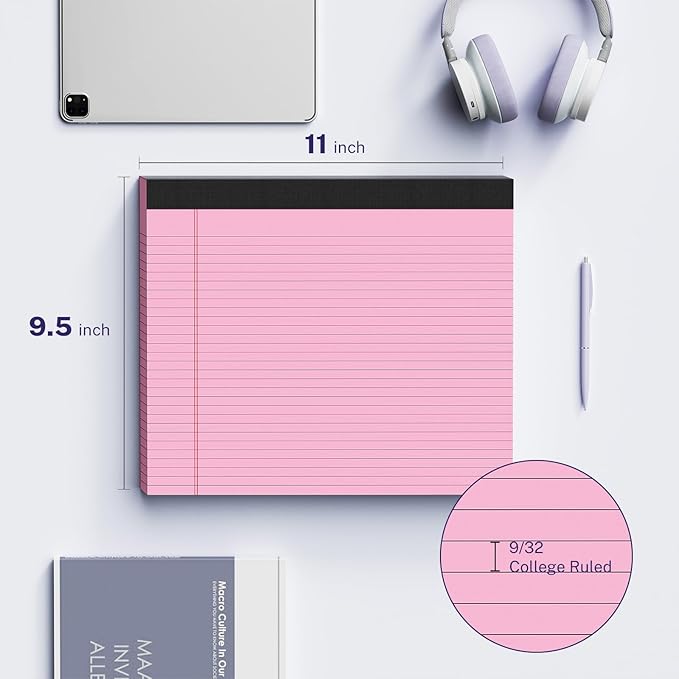 3 Pack Wide Legal Pads 11" x 9.5" (Landscape Format) Pink Purple Blue College Ruled Note Pad Narrow Ruled 30 Sheets per Notepad Perforated Writing Paper with Thick Backboard Horizontal Pads of Paper