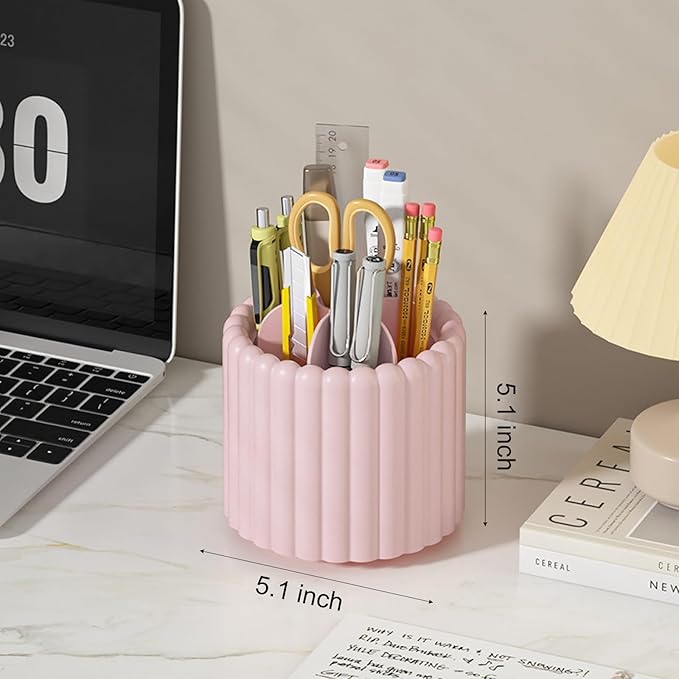 Anyoifax 360° Rotating Pen Holder 7 Slots Desk Organizer Removable Pencil Cup Plastic Art Supplies and Accessories Desktop Storage Box Caddy for Office, School, Home (Pink)