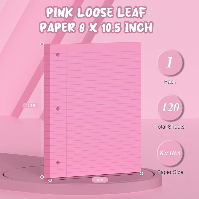 Pink Loose Leaf Paper 8 x 10.5, 120 Sheets Lined Paper College Ruled Paper, 3 Hole Punched Notebook Paper College Ruled, 3 Ring Binder Paper 8 x 10.5, Filler Paper College Ruled for Office, School