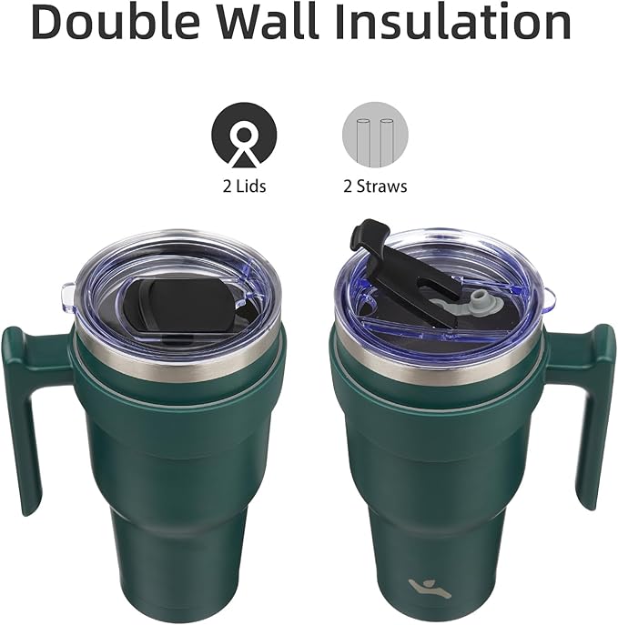 Konokyo 40 oz Tumbler with Handle and 2 Straw 2 Lid, Insulated Water Bottle Stainless Steel Vacuum Cup Reusable Travel Mug,Army Green