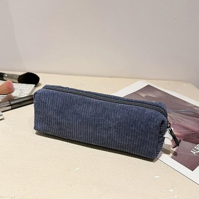 Corduroy Pencil Case for Girls Kids Large Capacity Aesthetic Pen Pouch Makeup Bag Cosmetic Organizer Cute Stationery Storage Bag for School Office Travel Minimalist Pencil Box (Blue)