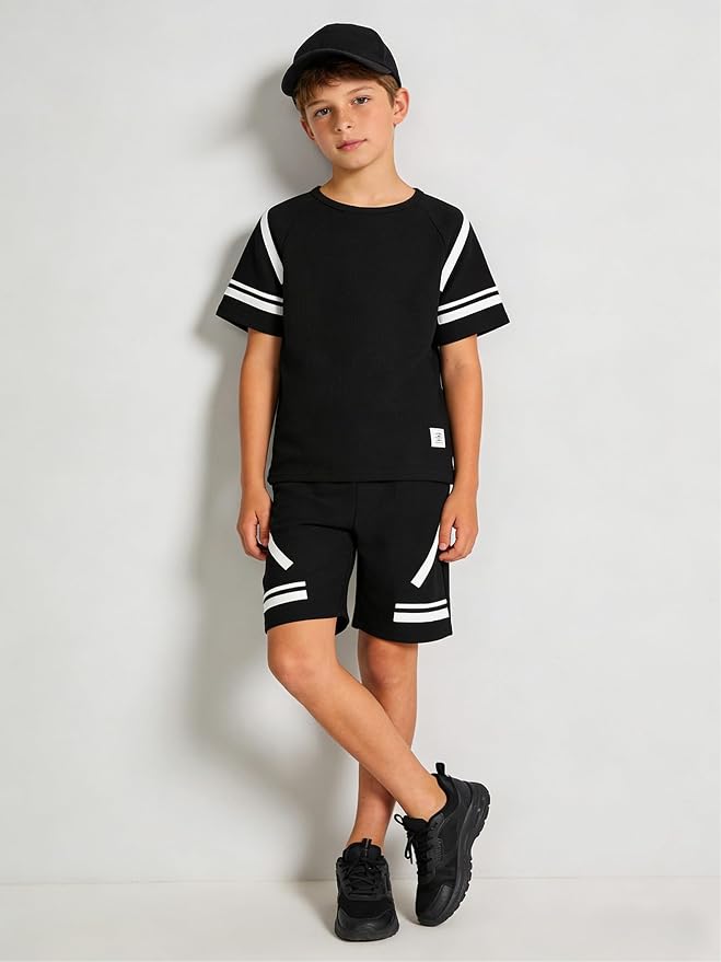 Cakaner Tween Boys Clothes Summer Simple Print T-Shirt And Shorts Set 2 Pieces Teen Trendy Outfits Size 7-14 Year