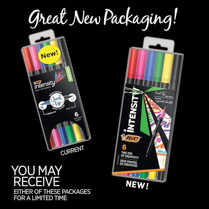 BIC Intensity 2 in 1 Dual Tip Fineliner Pens, Fine Tip (0.7mm) and Flexible Brush (3.7mm), Assorted Colors, 6-Count Pack