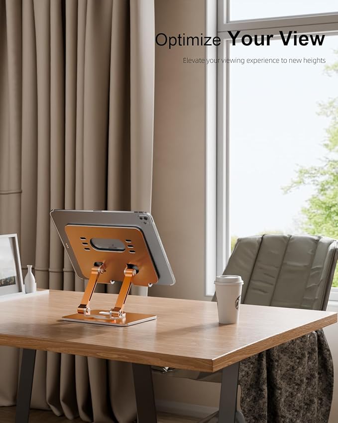 Orlian Tablet Stand Holder with Thickened 360°Rotating Base Dual Rod Adjustable Aluminum Stand for All 5.8-12.9” iPad Samsung Phone Tablet Kindle E-Reader and More, Rose
