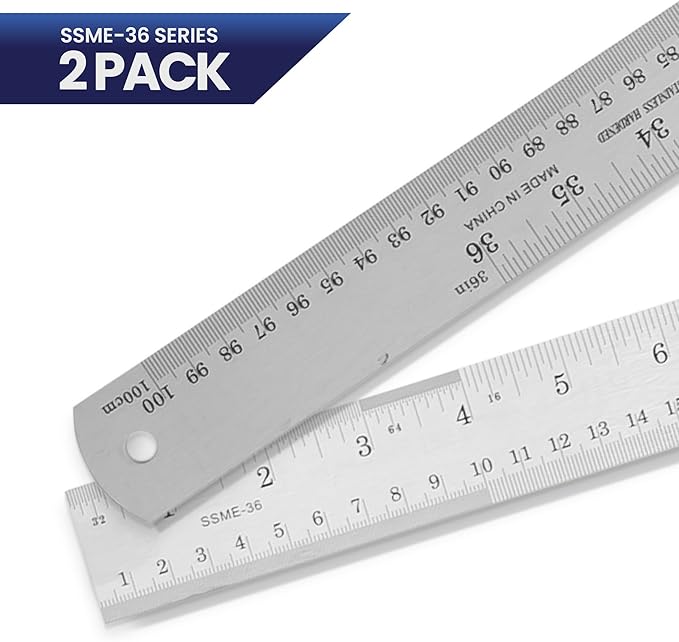 2 Pack Pacific Arc 36 Inch Stainless Steel Ruler with Inch/Metric Conversion Table