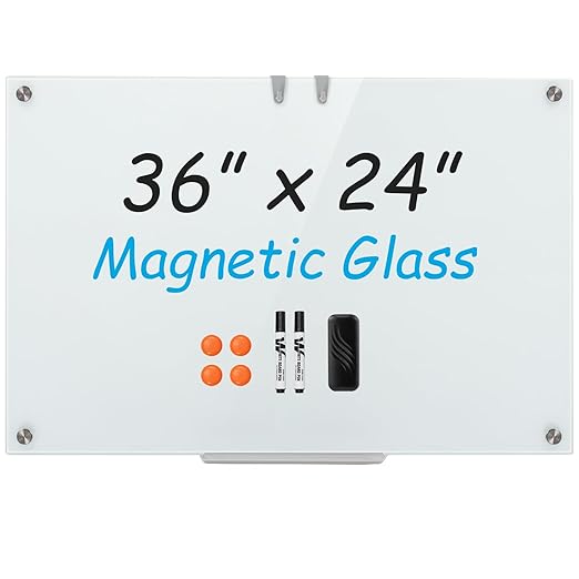 Goplus Magnetic Glass Whiteboard, 36" x 24" Wall Mounted White Board with Eraser, Accessory Tray, 2 Markers, 4 Strong Magnets, 2 Hanging Hooks, Frameless Glass Dry Erase Board for Office, School, Home