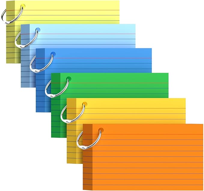 300 Count Colored Index Cards with Ring, 6 Colors Flash Cards with Rings, Punched NoteCards 3x5 Lined, Bright Colors Index Cards 3x5, Lined Note Cards 3 x 5 for Office, College, and School Supplies