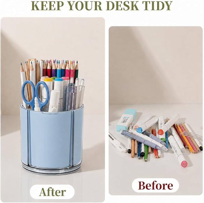 360° Rotating Pen Holder for Desk Adjustable Pencil Organizer, Blue | Plastic Pen Cup for Women Cute Office Supplies and Accessories Desktop Storage Box Art Caddy for School, Work, Home