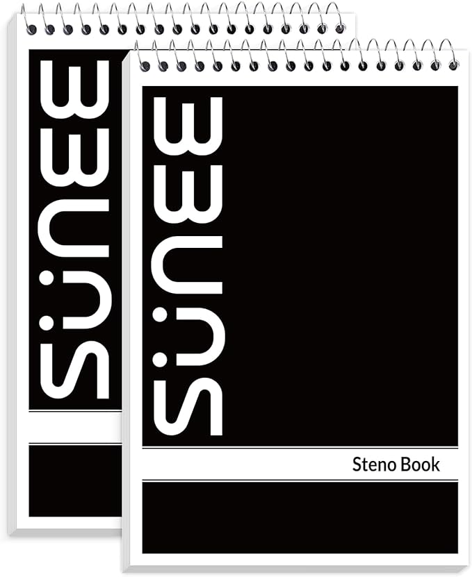 SUNEE 2 Pack Steno Pads 6x9, Gregg Rule, 60 Sheets, Spiral Notebook 6x9, White Paper, Take Notes with Top Spiral Notebook, for School, University, College, Work, Office, Black