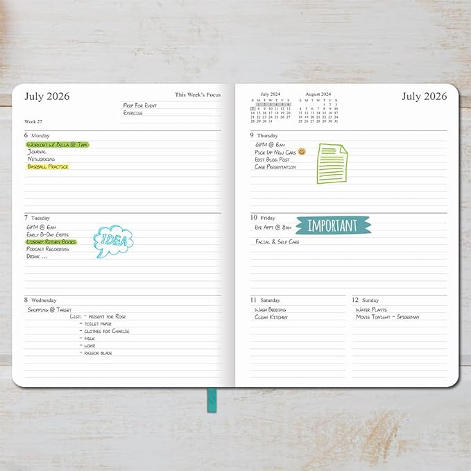26-27 Academic Planner - Weekly and Monthly Planner, Jul 2026 - Jun 2027, Vegan Leather Cover, Elastic Closure, 7”x9.25”, Teal