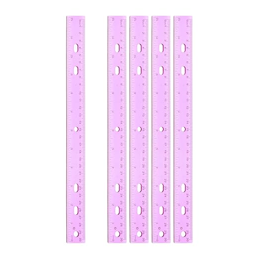 HARFINGTON 5pcs Plastic Rulers 12" (30cm) Clear Straight Ruler Measuring Tool Inches and Centimeters with Hole for Home Office Classrooms Drafting, Clear Purple