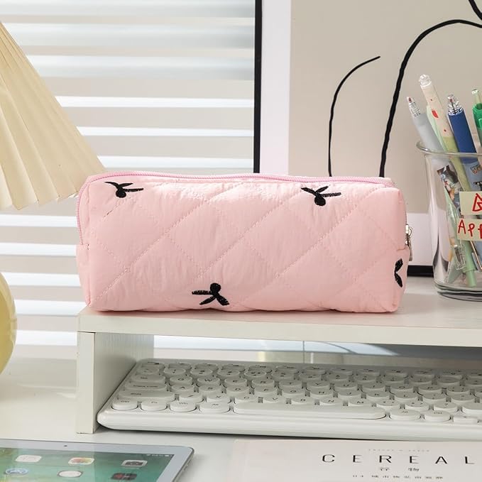 Carry bloom Pencil Pouch Cute Pencil Case for Girls Aesthetic Pencil Bag with Zipper Pen Cases School Supplies Makeup Bag (Bow pink)