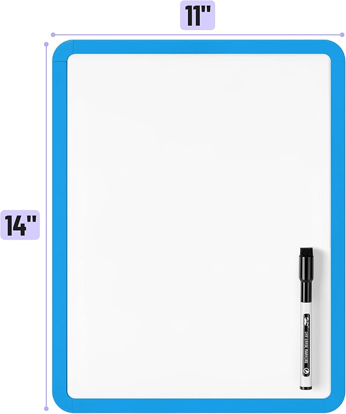 Mr. Pen- Dry Erase Board, 14” x 11” with a Black Dry Erase Marker, Blue Frame, Small Mini White Board for Students, Fridge, Wall, Locker, Includes Double Sided Tapes