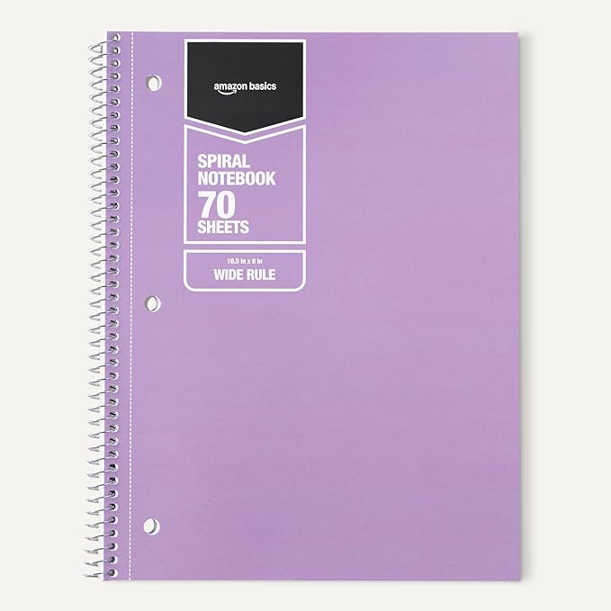 Amazon Basics Wide Ruled Spiral Notebooks, 8" x 10-1/2", 70 Sheets, Assorted Pastel Solid Colors, 5 Pack