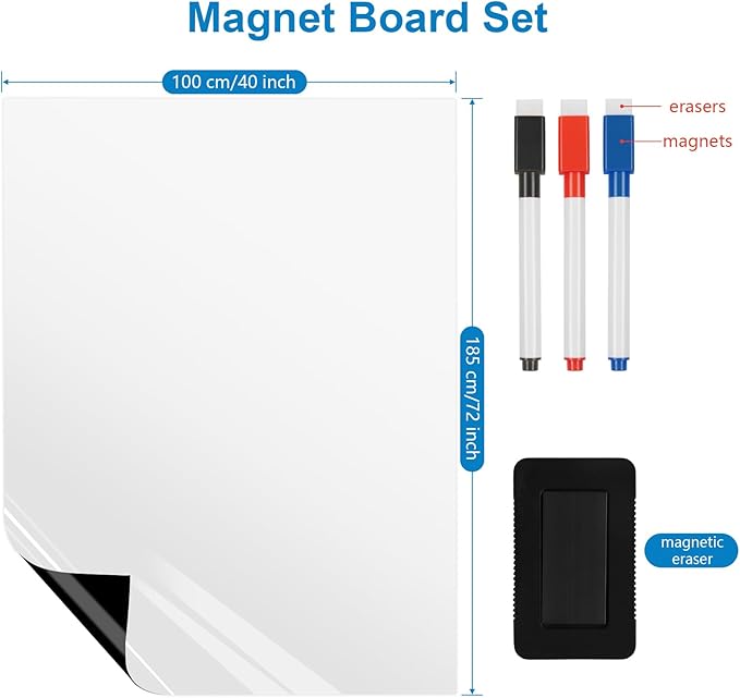 Magnetic Fridge White Board Paper, 72" x 40" Large Dry Erase Board Sheet for Organizer and Planner, Kitchen Refrigerator Whiteboard for Family to-do List, Includes Markers and Eraser