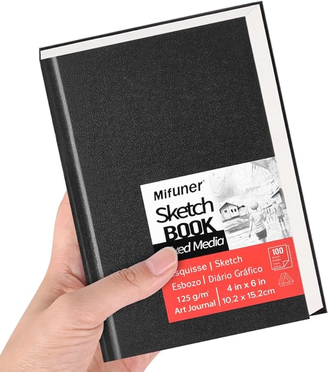 E-WEICHEN Mixed Media Sketch Pad, 4 x 6 inches 125 GSM (100 Sheets/200 Pages) Sketchbook for Drawing, Hardcover Mix Media Art Sketchbook for Wet and Dry Media,Painting,Drawing. 4X6