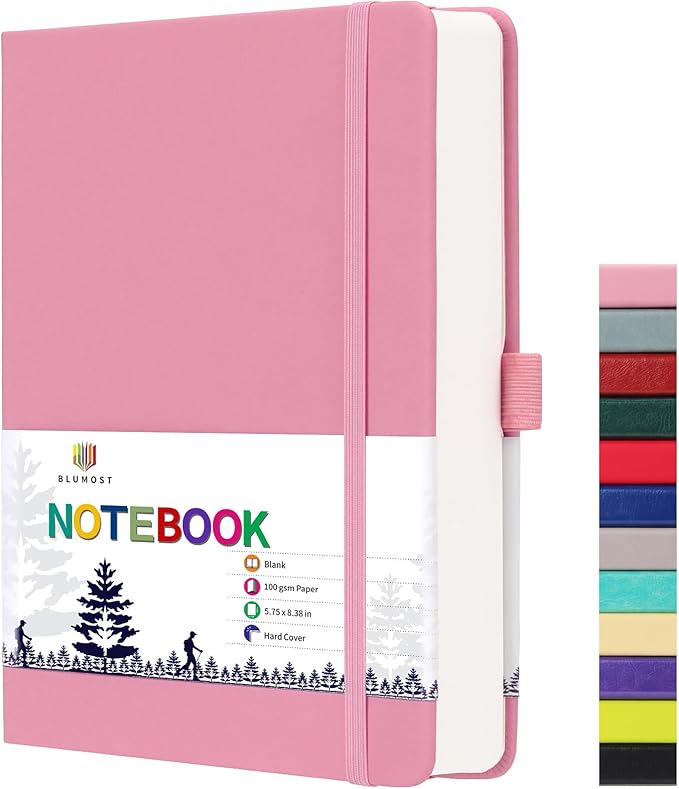 Blank Paper Notebook - 280 Pages A5 Blank Journal Notebook with 100gsm Thick Blank Paper, Hardcover, PU Leather, 5.75'' × 8.38''-Pink