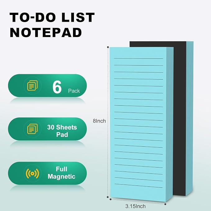 Nichela Magnetic Notepads Note Pads for Fridge with Full Magnet Back, 180 Sheets Blue Lined Refrigerator Notepad, 30 Sheets Per Pad for Grocery List, Shopping List, Office, Home, To-Do Lists & Memos