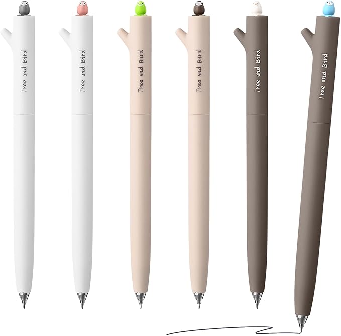 Temiary 6 Pcs Rotatable Quick-Dry Black Gel Ink Pens, Cute Gel Pen for Journaling Planning, 0.5 mm Fine Point Smooth Writing for School Office Home Supplies (Bird)