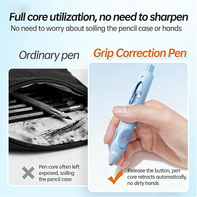 Write Right Learning,Pencil Kids Handwriting Gripper,Posture-Correcting Pen with Automatic Refill, Posture Correction Training Writing, 12 Replacement Refillers. (Blue)