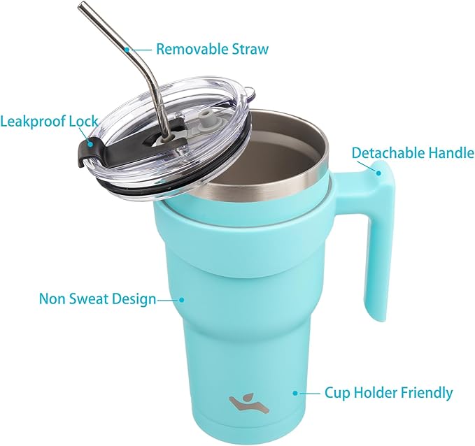 Konokyo 30 oz Tumbler with Handle and 2 Straw 2 Lid, Insulated Water Bottle Stainless Steel Vacuum Cup Reusable Travel Mug,Turquoise