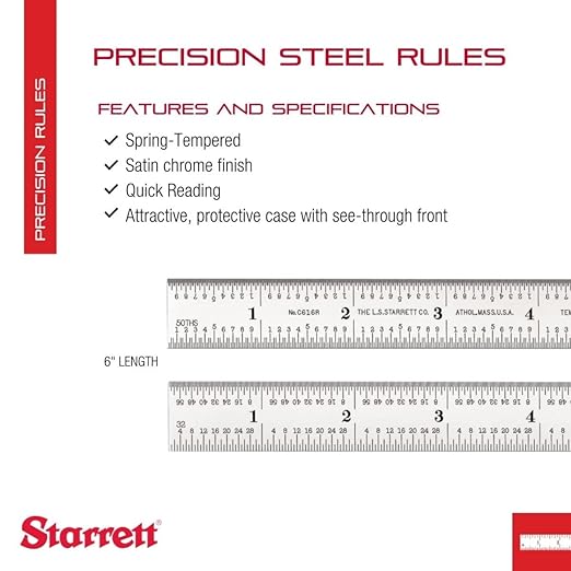 Starrett Spring Tempered Steel Rules with Satin Chrome Finish, Quick Reading and Inch Graduation - 6" Length, 16R Graduation Type, 3/64" Thickness - C616R-6