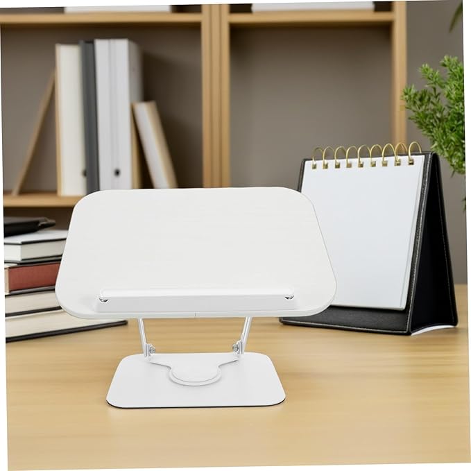 Adjustable Wooden Book Stand with 360° Rotation and Height Lift, Portable Desktop Reading and Recipe Display Holder for Cookbooks, Magazines, and Textbooks, White