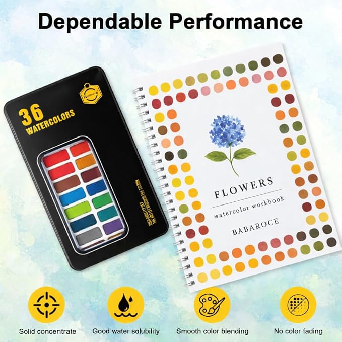 Watercolor Workbook Set with Solid Paint Palette – Guided Painting Pages + 36 Solid Colors – Beginner Friendly Art Practice Book for Home & Classroom Use (Animals)