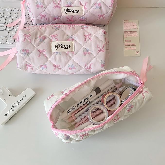 Carry bloom Pencil Pouch Cute Pencil Case for Girls Aesthetic Pencil Bag with Zipper Pen Cases School Supplies Makeup Bag (bow flower pink)