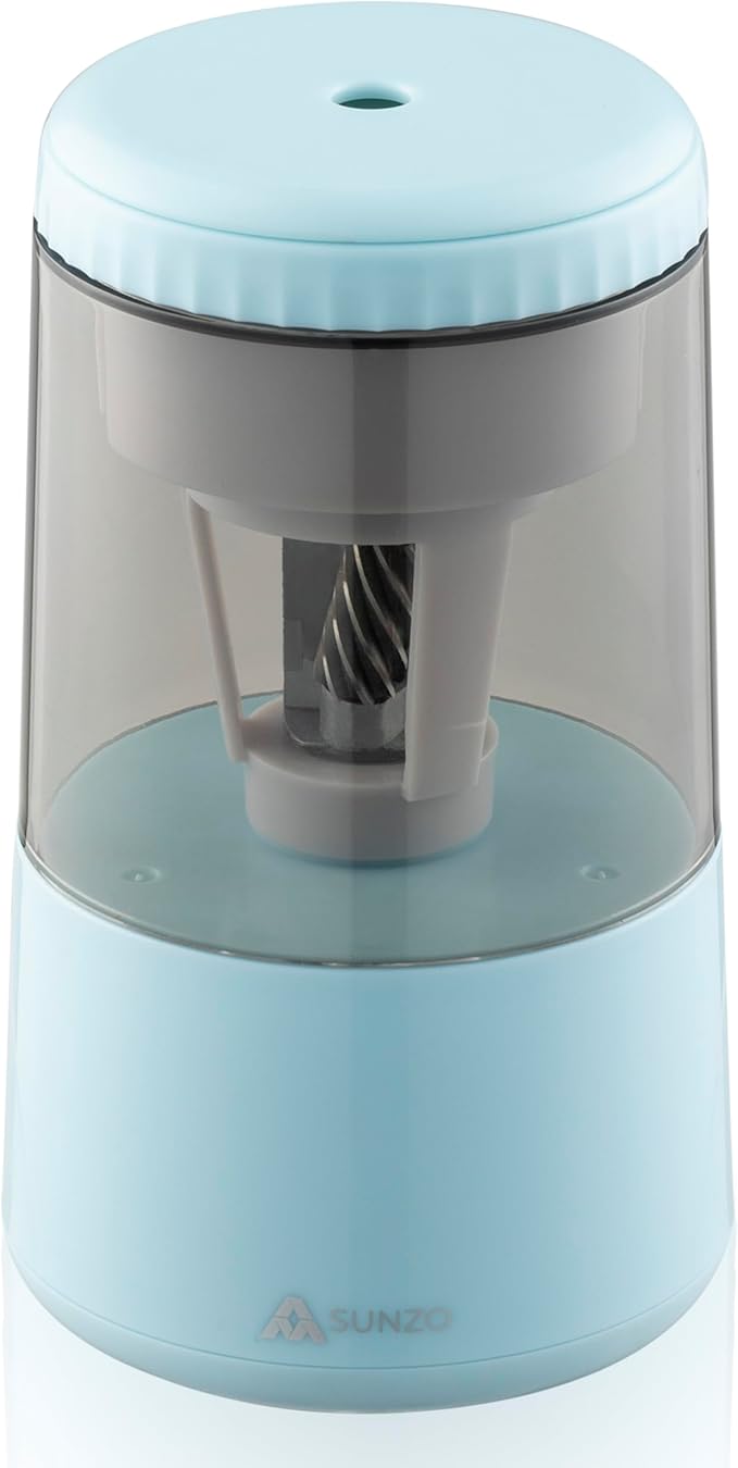 SUNZO Electric Automatic Pencil Sharpener, auto feed, hands free, electronic, rechargeable battery powered, small & portable, for colored pencil, for office & classroom (Blue)