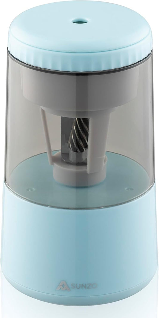 SUNZO Electric Automatic Pencil Sharpener, auto feed, hands free, electronic, rechargeable battery powered, small & portable, for colored pencil, for office & classroom (Blue)