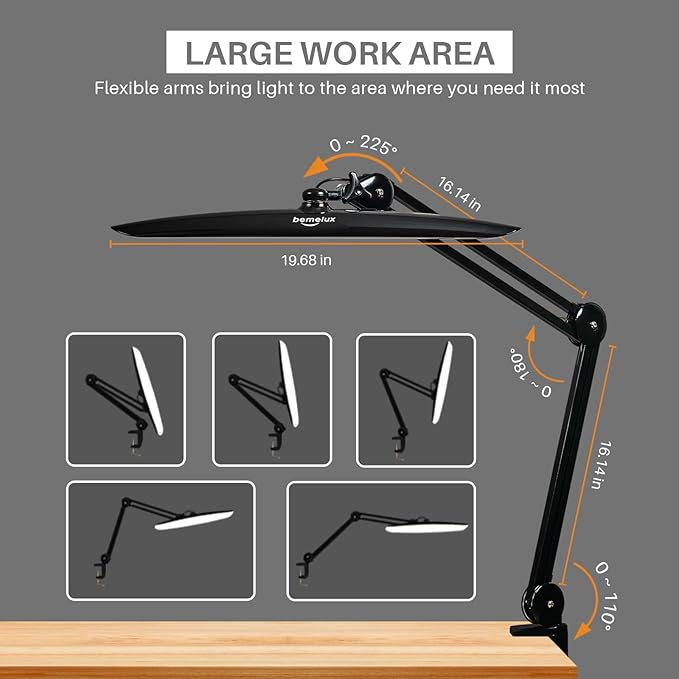 20 Inch LED Desk Lamp with Clamp, 20W 2200 Lumens, 4 Bightness Levels 3 Color Temperatures, Eye-Caring Working Reading Lamp(White, CCT)