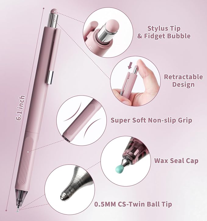 Gel Pens, 0.5mm Quick Dry Black Ink Pens Fine Point Smooth Writing Pens | 3-in-1 Stylus Retractable Gel Pen with Stylus tip, Cute Office School Supplies Gifts for Women Men (6 gel pens + 6 refills)