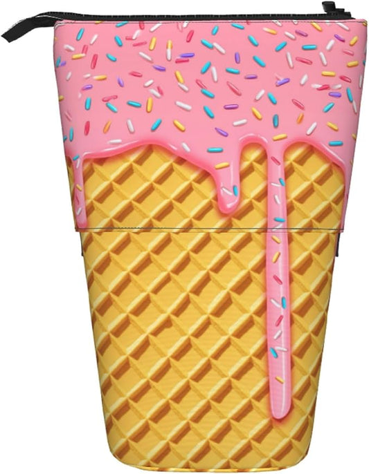 Ice Cream Kids Standing Pencil Case Girls Boys Telescopic Stationary Pouch with Zipper Large Capacity Stand up Pen Bag Portable Makeup Holder for Children School Students Office Supplies