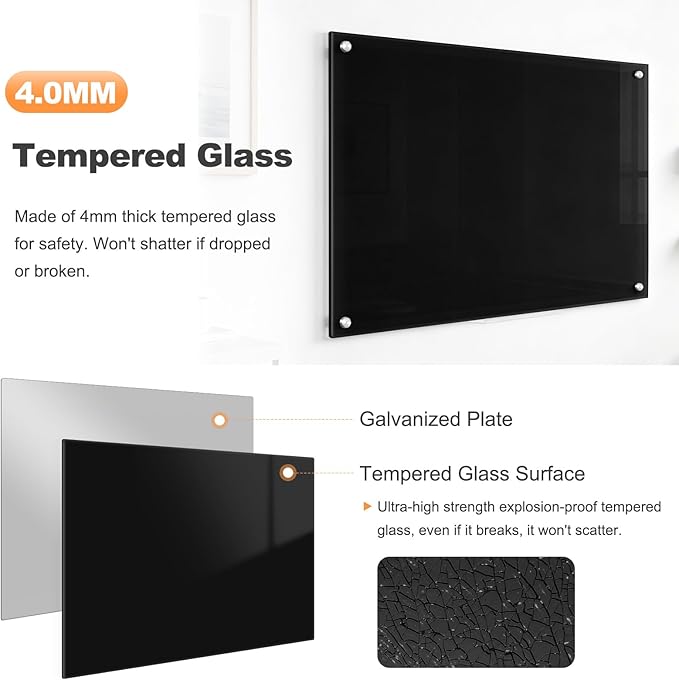 Black Dry Erase Board, 36" x 24" (3' x 2') Magnetic Large Black Glass Board Frameless Wall Mounted Glass Whiteboard for Office, School & Home with 1 Acrylic Pen Tray & 6 Strong Magnets