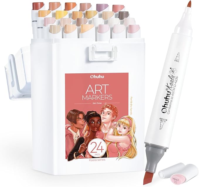 Ohuhu Alcohol Markers Skin Tone Marker Slim Broad and Fine Double Tipped Alcohol-based Marker Set for Artists Adults Coloring Professional Illustration, 24 Portrait Colors Kaala Markers Refillable