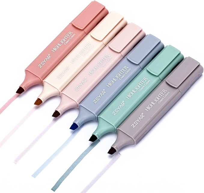 ZEYAR Highlighter Pen, Cream Colors Chisel Tip, Aesthetic Highlighter Marker, Water Based, Quick Dry, No Bleed, for Bible Study Notes Office (6 Youth Colors)