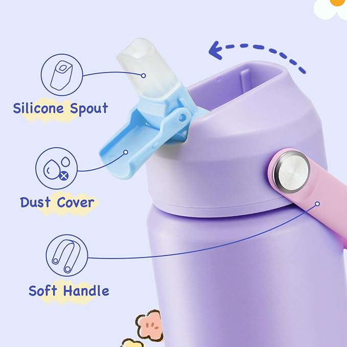 Kerilyn 12oz Water Bottle, Stainless Steel Insulated Water Bottle with Straws Leak-Proof, Water Cup Double Wall Vacuum, BPA Free, Purple Mix