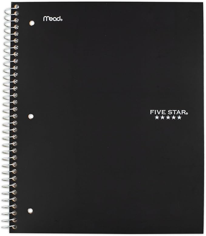 Five Star Spiral Notebook + Study App, 1 Subject, Wide Ruled Paper, 8" x 10-1/2", 100 Sheets, Fights Ink Bleed, Water Resistant Cover, Black (72021)