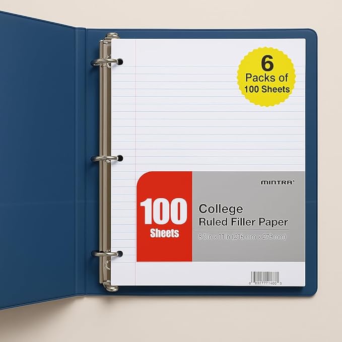 Mintra Office Filler Paper (College Ruled, 600 Sheets (6pks of 100)) - for 3-Ring Binder, Notepaper, Loose leaf filler paper, punched, bulk pack