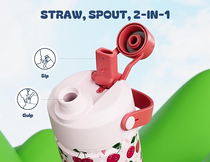 12 oz Kids Water Bottle for Girls: Leakproof, Durable Straw Spout Lid, 24H Cold, with Leather Sleeve, Easy Carry, Insulated Stainless Steel Cup for School, Travel, Camping, Daily (Giggly Cherry)