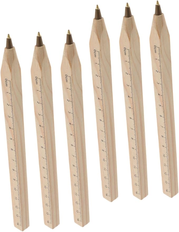 6pcs Black Wood Ballpoint Pens with Printed Scale, Natural Biodegradable Wooden Signature Pens for Construction and Industrial Use