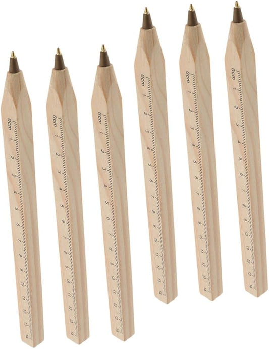 6pcs Black Wood Ballpoint Pens with Printed Scale, Natural Biodegradable Wooden Signature Pens for Construction and Industrial Use