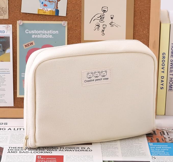 Fcteap Pencil Case Pouch Box Cute Kawaii Large Capacity Aesthetic Zipper Pen Holder Organizer Bag for Office Workspace Supplies Desk Accessories Travel (Off-White)