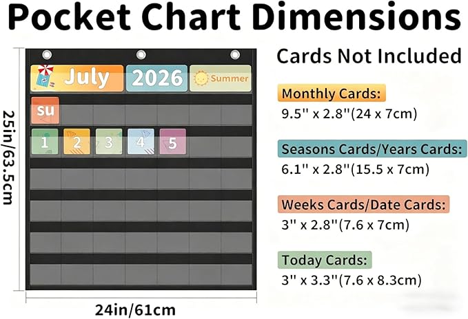 Yoink 45 Pockets Classroom Calendar Pocket Chart for Kids Learning - Monthly Calendar with Durable Fabric, Homeschool and Teacher Supplies, Preschool Kindergarten Wall Decor, Only Chart (Black)