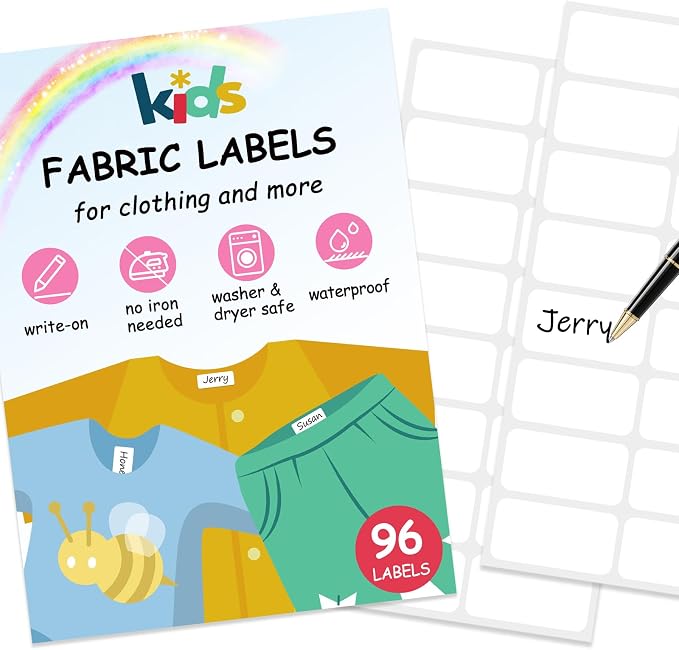 No-Iron Fabric Labels, Kids Clothing Labels Self-Stick Write-On, Name Labels for Daycare, Camp, School, Toys, Organizing, Washer & Dryer Safe, Pack of 96, 0.59'' x 1.18''