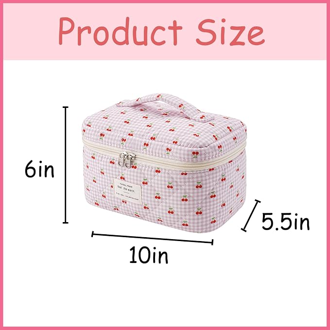 uekeboag Large Travel Quilted Makeup Bag for Women | Soft Floral Cotton Cosmetic Bag, Foldable Coquette Aesthetic Toiletry Organizer