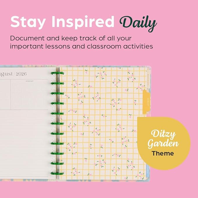 Happy Planner Disc-Bound 12-Month July 2026–June 2027 Academic Planner with 3 Extra Months, Big Size, 8.5" x 11", Teacher Layout, Ditzy Garden