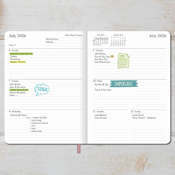 26-27 Academic Planner - Weekly and Monthly Planner, Jul 2026 - Jun 2027, Vegan Leather Cover, Elastic Closure, 8.5"x11", Rose Gold