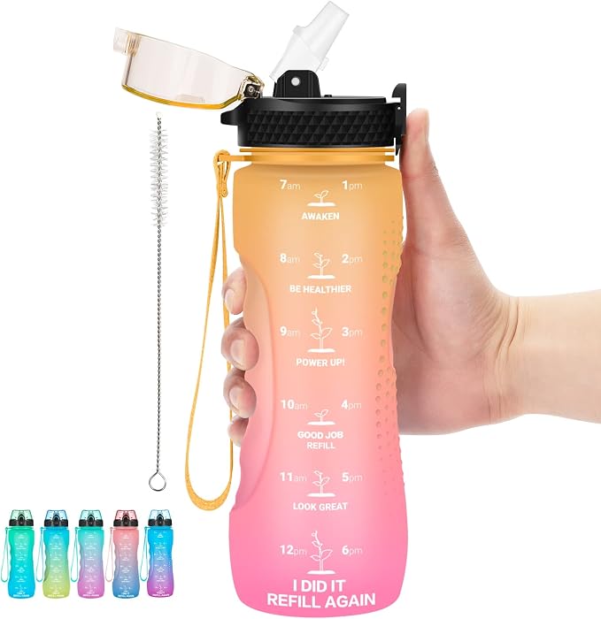 24 OZ Motivational Kids Water Bottle With Time Marker,Straw Lid,Leak Proof, Tritan BPA Free Sports Water Bottle Yellow Pink(1 Lid)